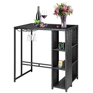 lot 39486 image: VIVOHOME Outdoor Patio Wicker Bar Table Rattan Counter Furniture with 3 Goblet Holders and 3 Storage Shelves for Lawn Garden Backyard Black