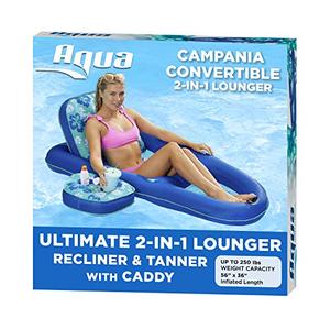 lot 39490 image: Aqua Campania Ultimate 2 in 1 Recliner & Tanner Pool Lounger with Adjustable Backrest and Caddy, Inflatable Pool Float, Teal Hibiscus (AZL14856)