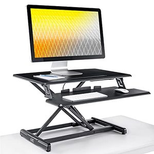 lot 39492 image: Seville Classics Airlift Height Adjustable Sit Desk Converter Workstation Standing Ergonomic Dual Monitor Riser With Keyboard Tray, Compact 30, Black