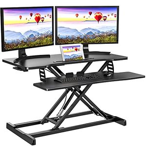 lot 39493 image: Quick Sit to Stand Desktop Gas Spring Riser (Max Height19.3inch), 33 inch Height Adjustable Standing Desk Converter for Dual Computer Monitors & Laptop Workstation, Perfect Home Office by HUANUO