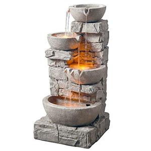 lot 39510 image: Peaktop 201601PT Water 4 Tiered Bowls Floor Stacked Stone Waterfall Fountain with LED Lights and Pump for Outdoor Patio Garden Backyard Decking D�cor, 33 inch Height, Gray, 33