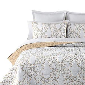 lot 39513 image: Reversible 100% Cotton 3-Piece Beige Embroidery Pattern Elegant Quilt Set with Embroidered Decorative Shams Soft Bedspread&Coverlet Set-King
