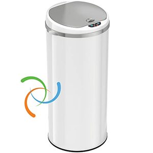 lot 39528 image: iTouchless 13 Gallon Touchless Sensor Trash Can with Odor Filter System, Round Steel Garbage Bin, Perfect for Home, Kitchen, Office, Alpine White