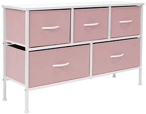lot 39534 image: Sorbus Dresser with 5 Drawers - Furniture Storage Chest for Kid��s, Teens, Bedroom, Nursery, Playroom, Clothes, Toys - Steel Frame, Wood Top, Fabric Bins (Pastel Pink)