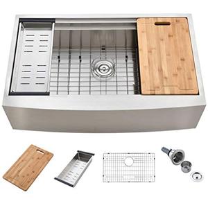 lot 39566 image: KINGO HOME 33-Inch 18 Gauge Handmade Stainless Steel Single Bowl Drop-In Farmhouse Sink, Workstation Farm Kitchen Sink with Integrated Ledge and Accessories