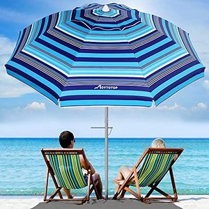 lot 39581 image: MOVTOTOP Beach Umbrella, 6.5ft Beach Umbrella with Sand Anchor & Tilt Mechanism, Portable UV 50 Protection Beach Umbrella with Carry Bag for Patio Garden Beach Outdoor (Dark BlueBlue Stripe)