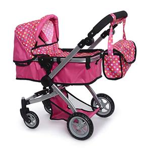 lot 39593 image: fash n kolor Foldable Pram for Baby Doll with Polka Dots Design with Swiveling Wheel Adjustable Handle