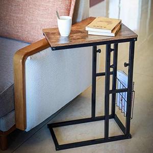 lot 39594 image: Adjustable C Table End Table - Adjustable Height Sofa Side Table Slide Under Your Couch or Bed - Perfect as Snack or Laptop Table with Side Basket - Size 17.7x10.1x24.8-28.7 Rustic Top