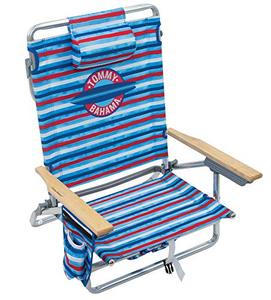lot 39602 image: Tommy Bahama 5-Position Classic Lay Flat Folding Backpack Beach Chair, Red, White, and Blue Stripe