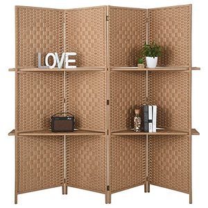 lot 39604 image: RHF 6 ft.Tall-Extra Wide Diamond Weave Fiber 4 Panels Room Divider,4 Panel Folding Screen Privacy, Partition Wall, Room Dividers with 2 Display Shelves,Natural-4 Panel, 2 Shelves