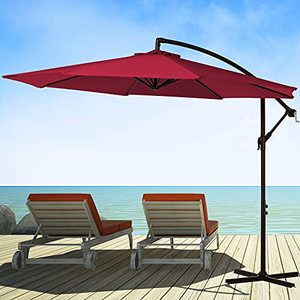 lot 39607 image: KITADIN Offset Umbrella 10Ft Cantilever Patio Hanging Umbrella Outdoor Market Umbrellas with Crank Lift & Cross Base (Red)