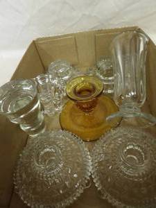 lot 1623 image: Glass Candle Holders, Bottle Stopper, Vase