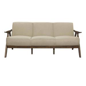 lot 6002 image: Lexicon Damala Collection 73 in. Wide Brown Polyester 3 Seat Retro Inspired Sofa with Wooden Armrests