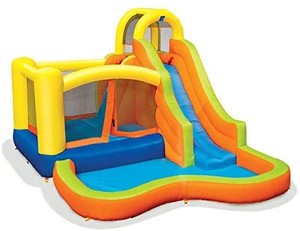 lot 6003 image: BANZAI Sun N Splash Fun 12 x 9 x 7 Kids Inflatable Outdoor Backyard Bounce House and Water Slide Splash Park Toy wBouncer, Slide, & Kiddie Pool