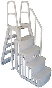 lot 6035 image: Main Access 48-54 Inch Heavy-Duty Adjustable Above Ground Swimming Pool Smart Step and Ladder Entry System with Handrails, Taupe