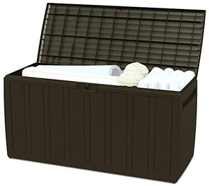 lot 6058 image: Ram Quality Products Storage Deck Box Patio Furniture, 71 Gallon, Brown