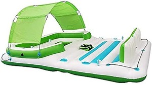 lot 6244 image: COMFY FLOATS 91464VM 13 Foot Misting Party Platform Inflatable Summer Float for Pool, Lake, River Fits 6 People, WhiteAqua Blue