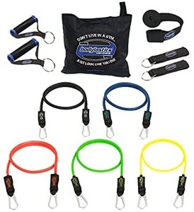 lot 6330 image: Bodylastics Resistance Bands Set with Patented Anti-Snap Elastics, Patented Clips, Upgraded Handles, Heavy Duty Door Anchor, Legs, Wrist Ankle Straps and Storage Bag (One Bag)