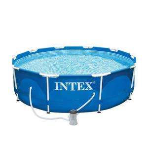 lot 6351 image: Intex - 10 x 30 Metal Frame Round Above Ground Swimming Pool with Pump - Blue