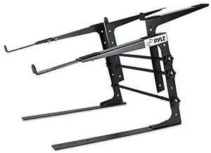 lot 6360 image: Pyle Portable Dual Laptop Stand - Standing Table with Adjustable Height, Ergonomic Design & Anti-Slip Prongs for DJ Mixer, Sound Equipment, Workstation, Gaming & Home Use - PLPTS38