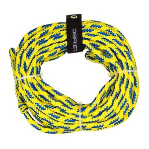 lot 6484 image: OBrien 60 Foot Long 2375 Pound 2 Person Floating Tube Tow Rope, Blue & Yellow