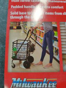 lot 55173 image: Milwaukee Heavy-Duty Steel Shopping Cart with Accessory Basket in Black
