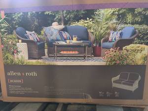 lot 55243 image: Allen  Roth Mcaden Wicker Outdoor Loveseat With Cushion And Blue Steel Frame