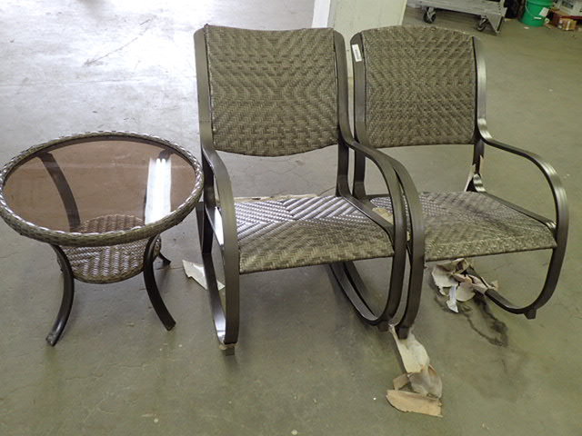 lot 6563 image: Lot of Two Ty Pennington Style Wicker Outdoor Rocking Chairs with a Side Table