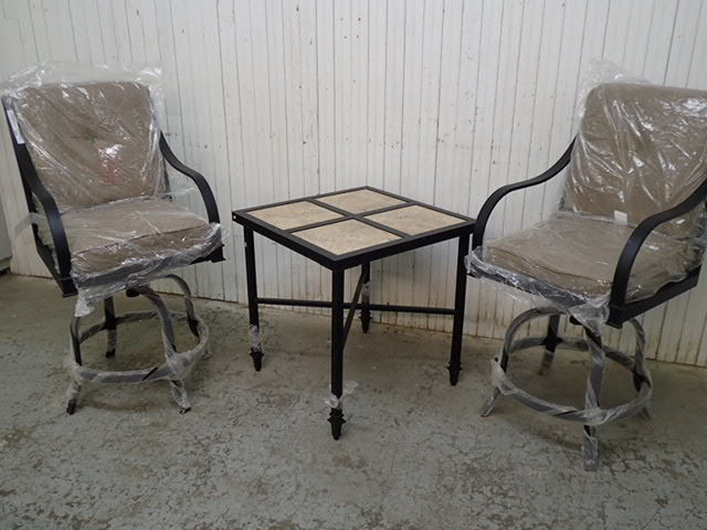 lot 6567 image: Two Bar Height La Z boy Outdoor Chairs and A Outdoor Table