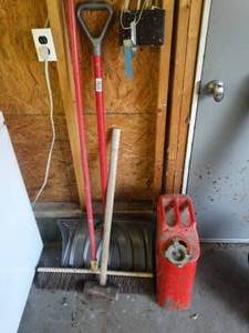 lot 1360 image: Long handle tools & old metal gas can