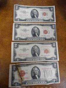 lot 1015 image: 4- red seal 2 dollar bills