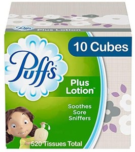lot 2433 image: Puffs Plus Lotion Facial Tissues 10 Cubes 52 Tissues Per Box 520 Tissues Total