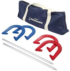 lot 2436 image: GoSports Horseshoe Adjustment Set - Includes 4 horseshoes, 2 stakes and carrying case