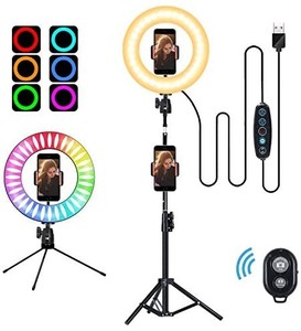 lot 2445 image: 10 Inch Selfie Ring Light with Tripod and Mobile Phone Holder, 14 Colors RGB LED Circle Ring Light for YouTube Video  Makeup  Live Stream  Photography