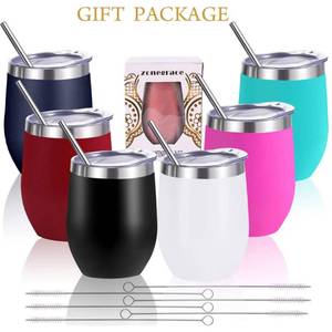 lot 2485 image: Zonegrace 6 pack Mix Color 12 oz Stainless Steel Stemless Wine Glass Tumbler Double Wall Vacuum Insulated Bulk Wine Tumbler with Lids and straw Set of 6 assorted color,Gift Pack for Coffee, Wine