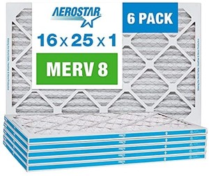 lot 2521 image: Aerostar 16x25x1 MERV 8 Pleated Air Filter, AC Furnace Air Filter, 6 Pack (Actual Size 15 34x 24 34 x 34)