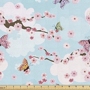 lot 30469 image: Ambesonne Cherry Blossom Fabric by The Yard, Fantasy Composition with Spring Inspired Nature Elements Butterflies Clouds, Decorative Fabric for Upholstery and Home Accents, Multicolor