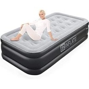 lot 30477 image: EZ INFLATE Double High Luxury Twin Air Mattress with Built in Pump, Inflatable Mattress, Twin airbed with Flocked top, All Purpose Twin Blow up Bed, Home Camping Travel