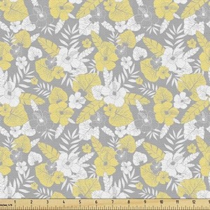 lot 40363 image: Ambesonne Luau Fabric by The Yard, Hawaiian Vegetation Flowers Abstract Summertime Botanical Composition, Decorative Fabric for Upholstery and Home Accents, 3 Yards, Yellow Grey