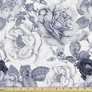 lot 40365 image: Ambesonne Shabby Flora Fabric by The Yard, Garden Spring Roses Buds with Leaves Flowers Romantic Image Art, Decorative Fabric for Upholstery and Home Accents, Cadet Blue 56�84