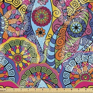 lot 40368 image: Ambesonne Mandala Fabric by The Yard, Colorful Abstract Sixties Inspired Pattern Flower Design with Stripes Lines, Decorative Fabric for Upholstery and Home Accents, Multicolor 37�58
