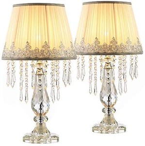 lot 40408 image: Moooni Modern Bedside Crystal Table Lamp with Ruched Fabric Lampshade Elegant Plug-in Crystal Chandelier Nightstand Lamp for Living Room Girls Room Set of 2 Dimmable W 12.8 X H 22.8