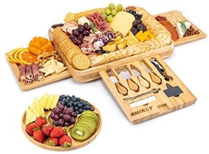 lot 42434 image: SMIRLY Cheese Board and Knife Set 16 x 13 x 2 Inch Wood Charcuterie Platter for Wine, Cheese, Meat