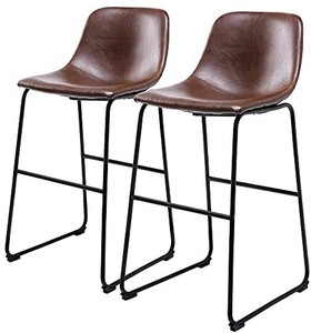 lot 42468 image: Rfiver Pu Faux Leather Bar Stools Set of 2, Industrial Pub Barstools with Back and Footrest, Modern Armless Bar Height Stool Chairs, Brown