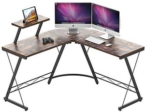lot 42516 image: L Shaped Computer Desk, IDEALHOUSE Corner Home Office Desk, Space Saving Gaming Computer Desk PC Table Workstation with Large Monitor Stand, 50.59x50.59x29.33inch (Retro Color)