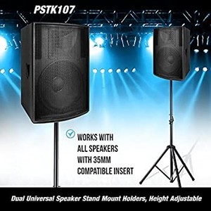 lot 42517 image: Pyle Universal Dual PA DJ Tripod 2 Speaker Stand Kit with Adjustable Height & Storage Bag Constructed with Heavy Duty Durable Steel and Lightweight for Easy Mobility Safety PIN Screw Locks PSTK107