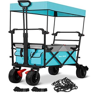 lot 42560 image: BEAU JARDIN Folding Wagon Cart with 1 Nylon Net 2 Straps Canopy Collapsible Utility Camping Grocery Canvas Fabric Sturdy Portable Rolling Buggies Outdoor Garden Heavy Duty Shopping Wide Wheel Blue