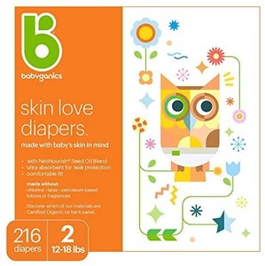 lot 47966 image: Baby Babyganics Ultra Absorbent Diapers, Size 2 (12-18lbs), 216 Diapers