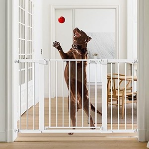 lot 2576 image: Tokkidas 51.6-Inch Extra Wide Baby Gate, Auto Close Metal Pet Gate, Pressure Mounted Dog Gate for Stairs & Doorways, Baby Gate with Door Easy Step NO Need Tools NO Drilling, Adjustable Size (White)