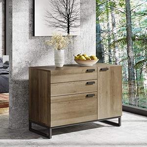 lot 2029 image: WLIVE 3 Drawer Dresser, Wide Chest of Drawers with 1 Side Door, Wood Storage Cabinet with Sturdy Metal Frame for Bedroom & Living Room, Gray Oak
